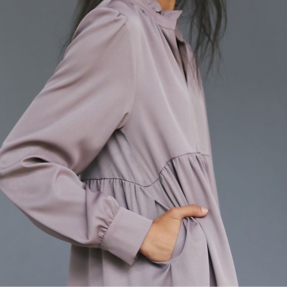 En Saison Tiered Babydoll Dress Peasant Band Collar Long Sleeve Mushroom M - Picture 5 of 16
